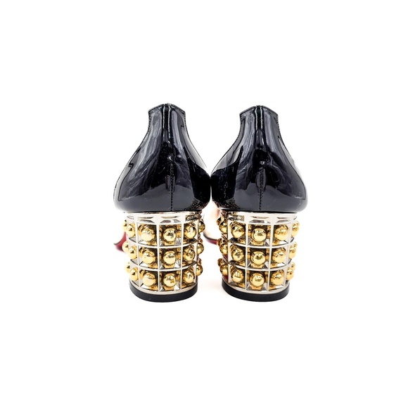 Christian Louboutin Faridaravie 25 Black Patent Leather PVC Gold Block Heels 38 - Picture 7 of 10